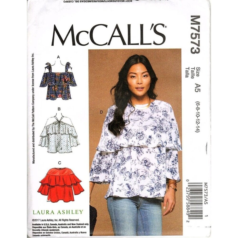 McCall's M7573 Misses 6 to 14 Laura Ashley Tops and Tunics Uncut Sewing Pattern
